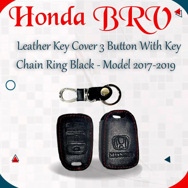 Honda BRV Leather Key Cover 3 Button with Key Chain Ring Black - Model 2017-2019