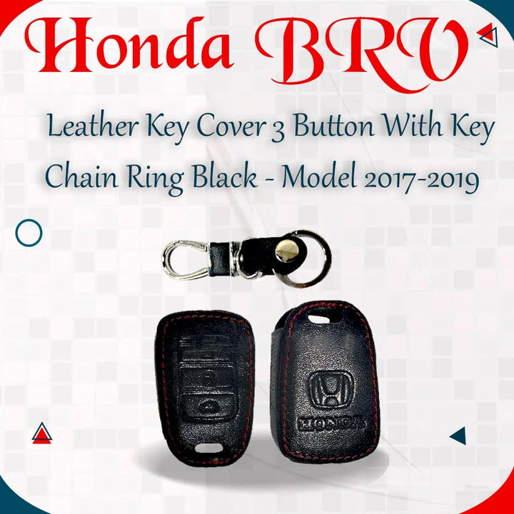 Honda BRV Leather Key Cover 3 Button with Key Chain Ring Black - Model 2017-2019