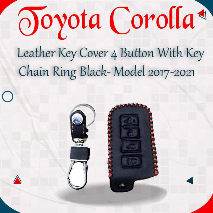 Toyota Corolla Leather Key Cover 4 Button With Key Chain Ring Black- Model 2017-2021