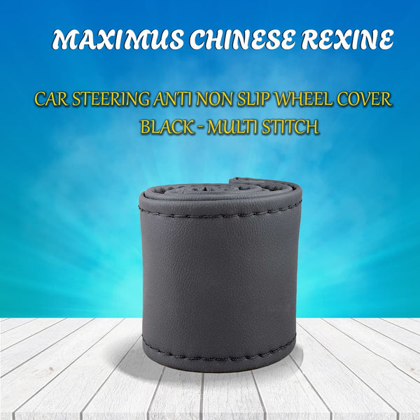 Maximus Chinese Rexine Car Steering Anti Non Slip Wheel Cover Black - Multi Stitch