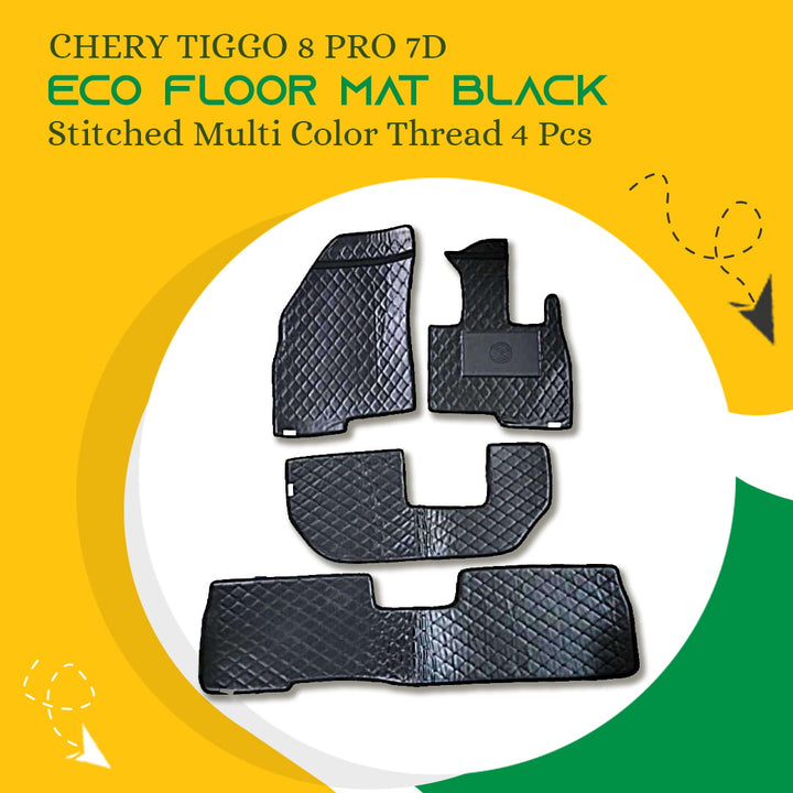 Chery Tiggo 8 Pro 7D Eco Floor Mat Black Stitched Multi Color Thread 4 Pcs - Model 2022-2024