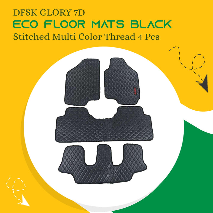 DFSK Glory 7D Eco Floor Mats Black Stitched Multi Color Thread 4 Pcs - Model 2020-2024