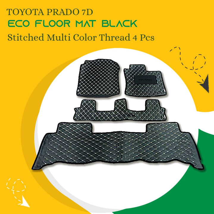 Toyota Prado 7D Eco Floor Mat Black Stitched Multi Color Thread 4 Pcs - Model 2009-2022