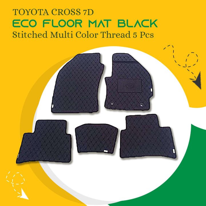 Toyota Corolla Cross 7D Eco Floor Mat Black Stitched Multi Color Thread 5 Pcs - Model 2020-2024