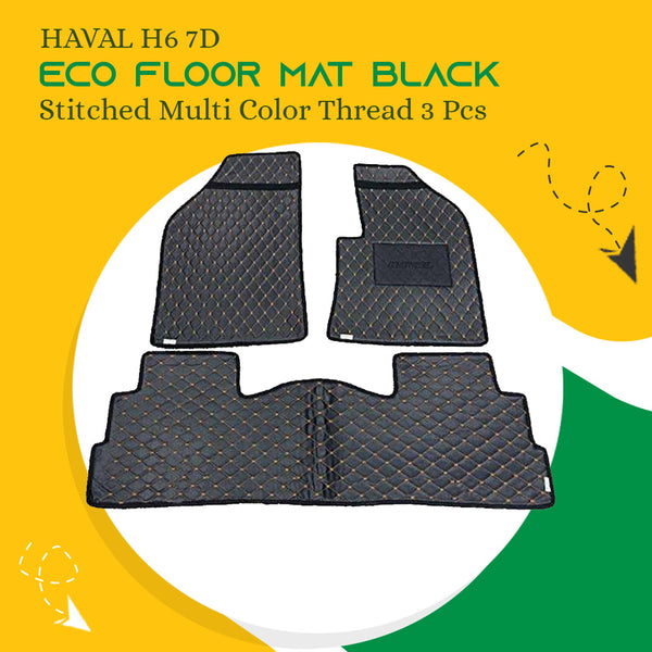 Haval H6 7D Eco Floor Mat Black Stitched Multi Color Thread 3 Pcs - Model 2021-2024