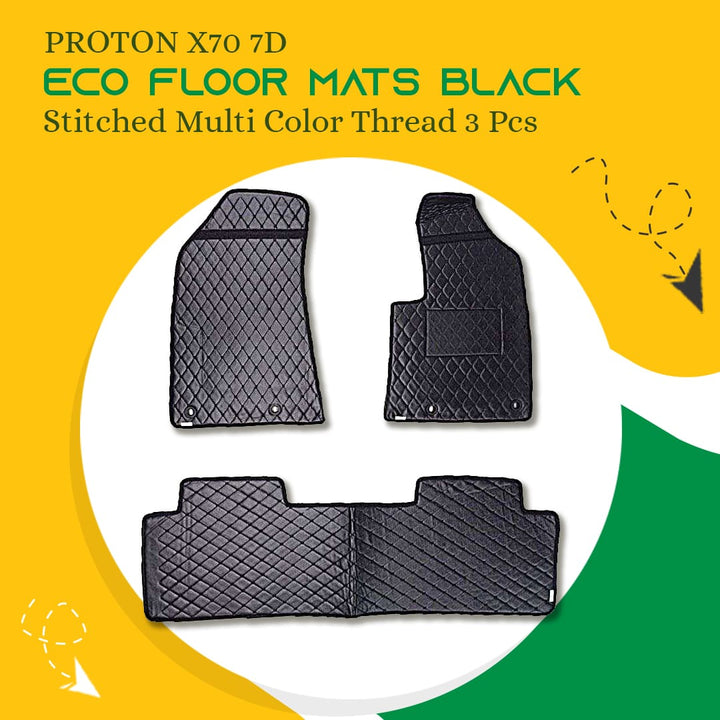 Proton X70 7D Eco Floor Mats Black Stitched Multi Color Thread 3 Pcs - Model 2021-2024