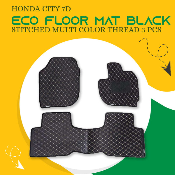 Honda City 7D Eco Floor Mat Black Stitched Multi Color Thread 3 Pcs - Model 2021-2022