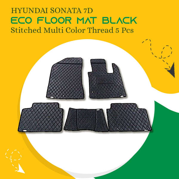 Hyundai Sonata 7D Eco Floor Mat Black Stitched Multi Color Thread 5 Pcs - Model 2020-2024