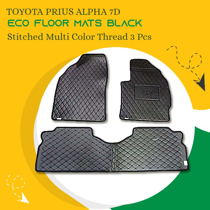 Toyota Prius Alpha 7D Eco Floor Mats Black Stitched Multi Color Thread 3 Pcs - Model 2011-2018