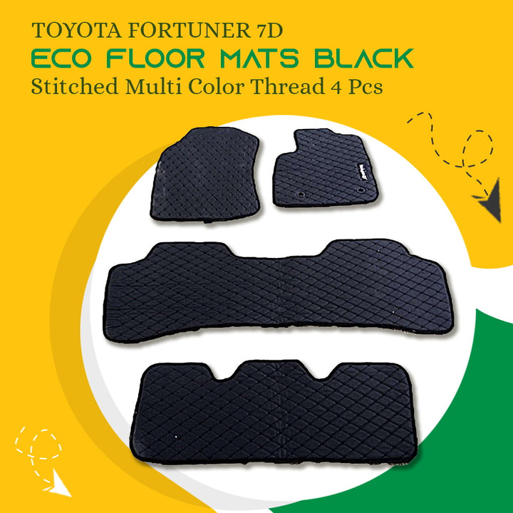 Toyota Fortuner 7D Eco Floor Mats Black Stitched Multi Color Thread 4 Pcs - Model 2016-2021