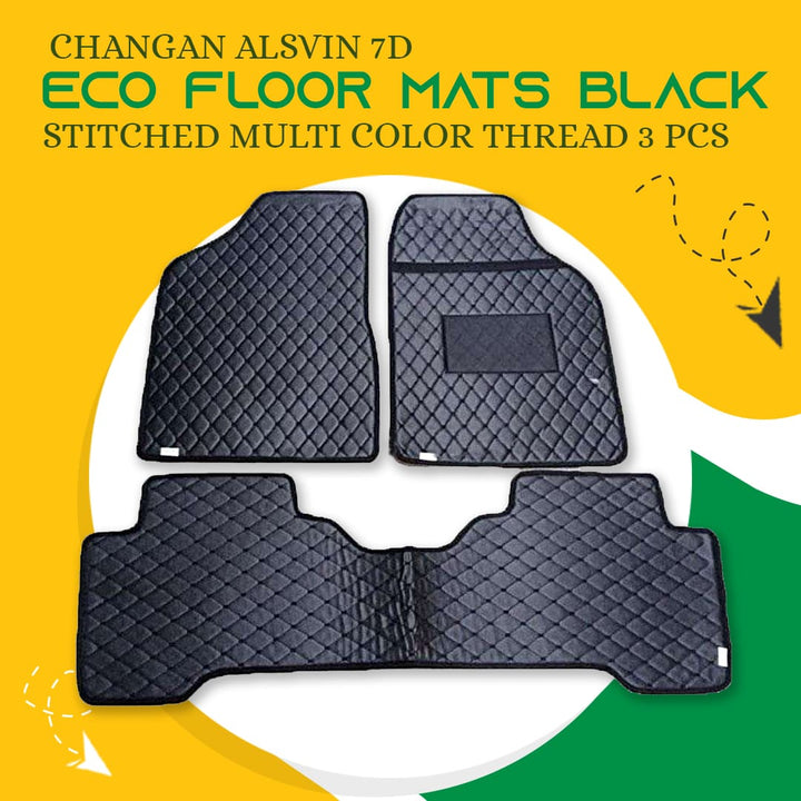 Changan Alsvin 7D Eco Floor Mats Black Stitched Multi Color Thread 3 Pcs - Model 2019-2024