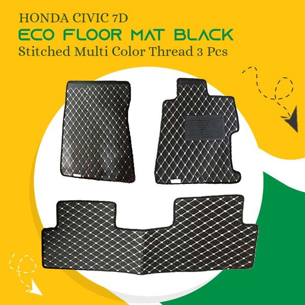 Honda Civic 7D Eco Floor Mat Black Stitched Multi Color Thread 3 Pcs - Model 2013-2016