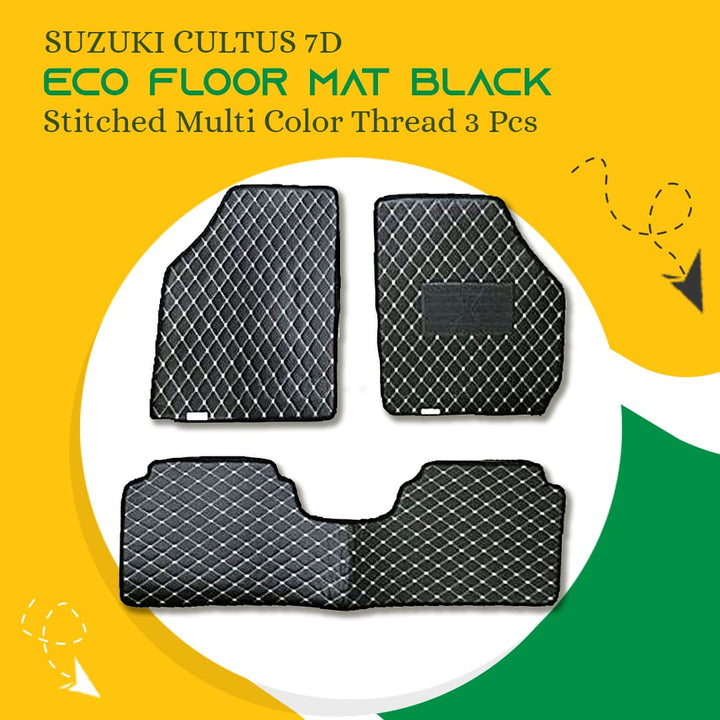 Suzuki Cultus 7D Eco Floor Mat Black Stitched Multi Color Thread 3 Pcs - Model 2017-2021