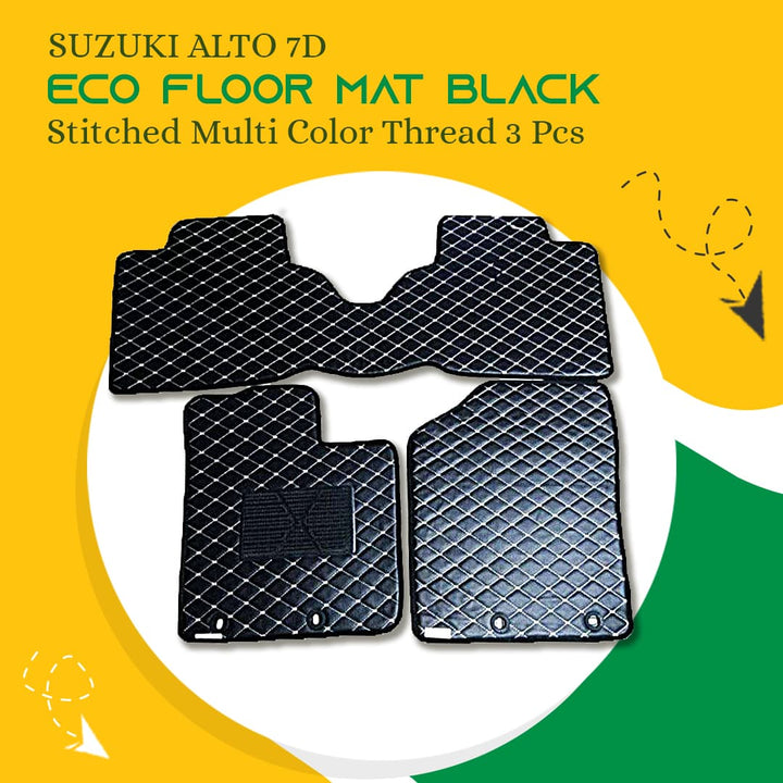 Suzuki Alto 7D Eco Floor Mat Black Stitched Multi Color Thread 3 Pcs - Model 2019-2021