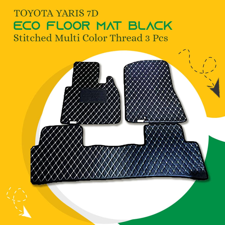 Toyota Yaris 7D Eco Floor Mat Black Stitched Multi Color Thread 3 Pcs - Model 2020-2021