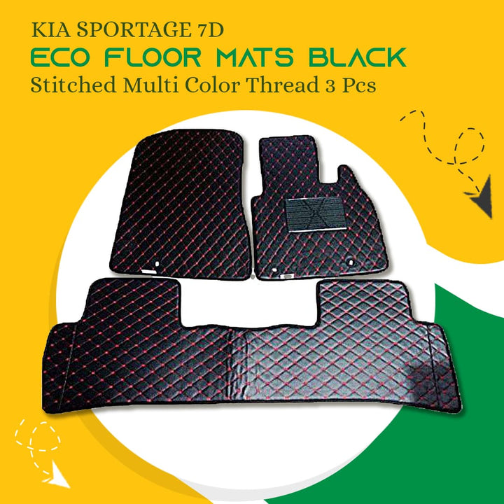 KIA Sportage 7D Eco Floor Mats Black Stitched Multi Color Thread 3 Pcs- Model 2019-2021