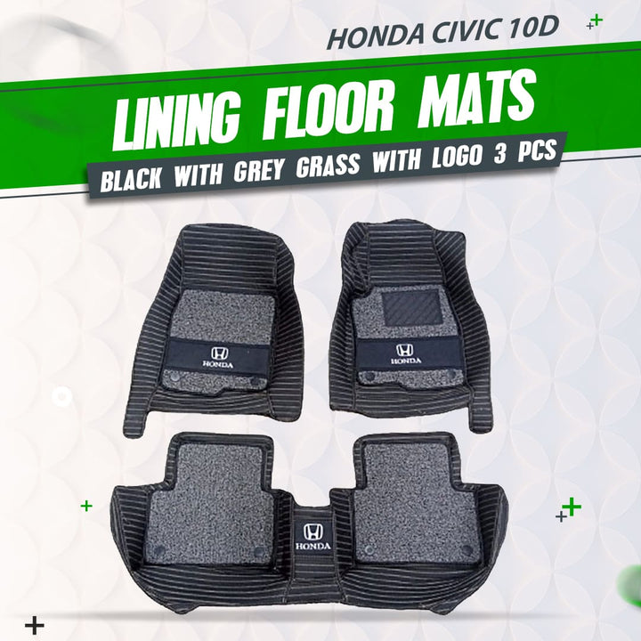 Honda Civic 10D Lining Floor Mats Mix Thread Black With Grey Grass With Logo 3 Pcs - Model 2016-2024