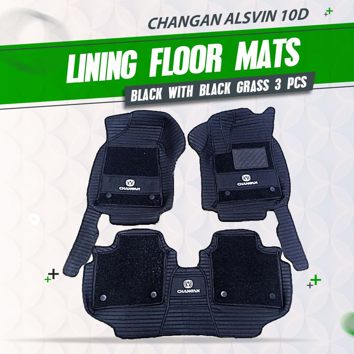 Changan Alsvin 10D Lining Floor Mats Mix Thread Black With Black Grass 3 Pcs - Model 2021-2024