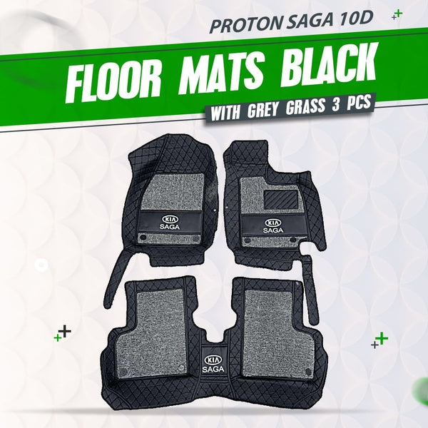 Proton Saga 10D Floor Mats Mix Thread Black With Grey Grass 3 Pcs - Model 2021-2024
