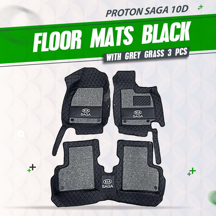 Proton Saga 10D Floor Mats - Mix Thread Black With Grey Grass - 3 Pcs Set - Model 2021-2025