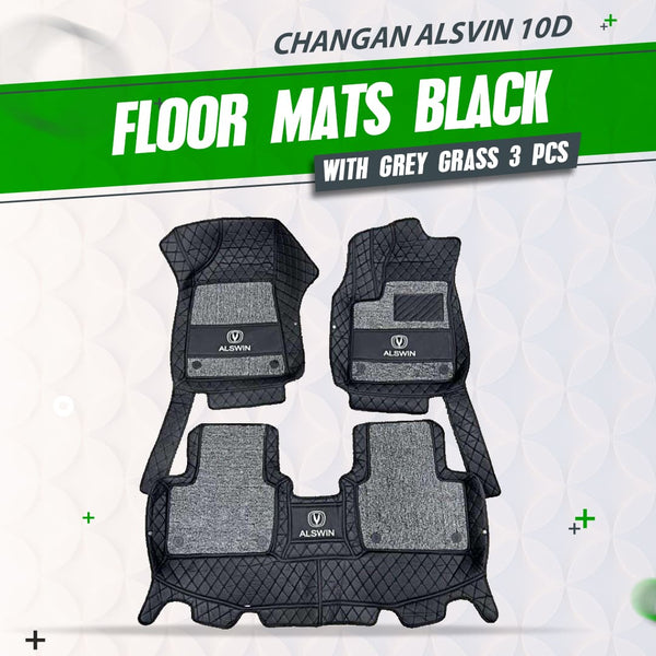 Changan Alsvin 10D Floor Mats Mix Thread Black With Grey Grass 3 Pcs - Model 2021-2024