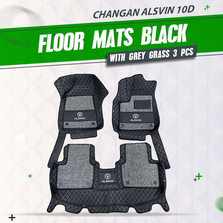 Changan Alsvin 10D Floor Mats Black With Grey Grass 3 Pcs - Model 2021-2024