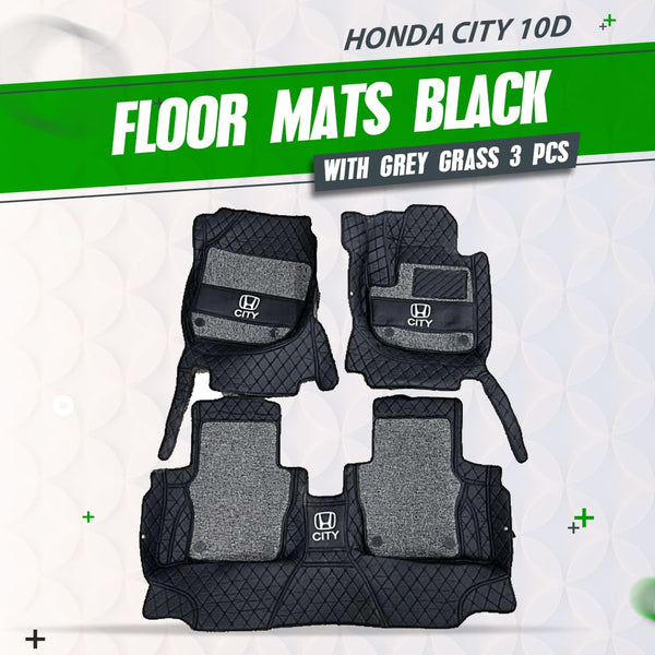 Honda City 10D Floor Mats Mix Thread Black With Grey Grass 3 Pcs - Model 2021-2022