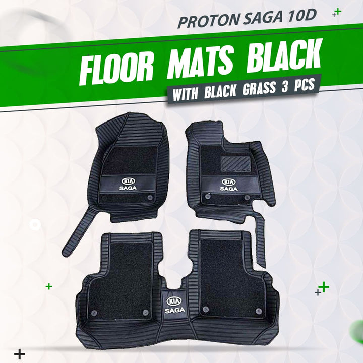 Proton Saga 10D Floor Mats Black With Black Grass 3 Pcs - Model 2021-2024