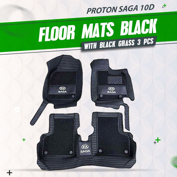 Proton Saga 10D Floor Mats - Mix Thread Black With Black Grass - 3 Pcs Set - Model 2021-2025