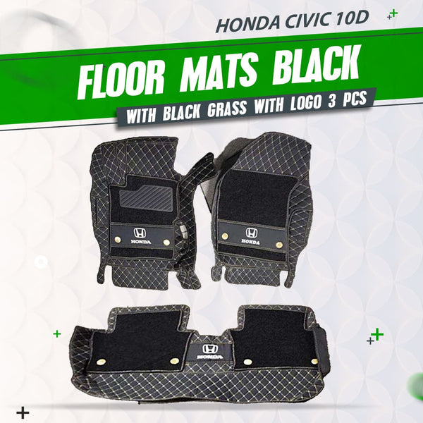Honda Civic 10D Floor Mats Mix Thread Black With Black Grass With Logo 3 Pcs - Model 2012-2016