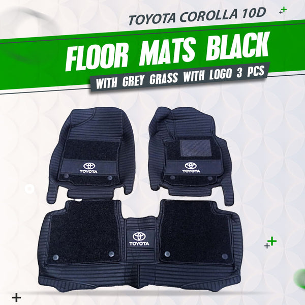 Toyota Corolla 10D Floor Mats Black With Grey Grass With Logo 3 Pcs - Model 2014-2021
