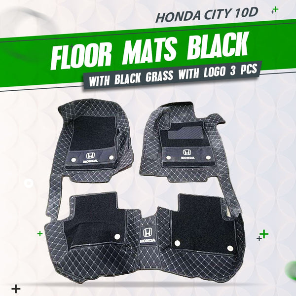 Honda City 10D Floor Mats Mix Thread Black With Black Grass With Logo 3 Pcs - Model 2008-2021