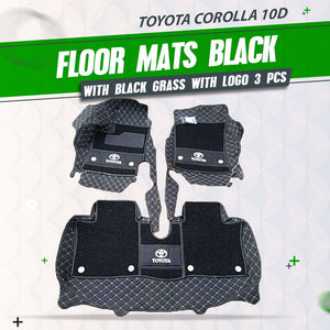 Toyota Corolla 10D Floor Mats Black With Black Grass 3Pcs 2014 - 2026 - Mix Thread With Logo