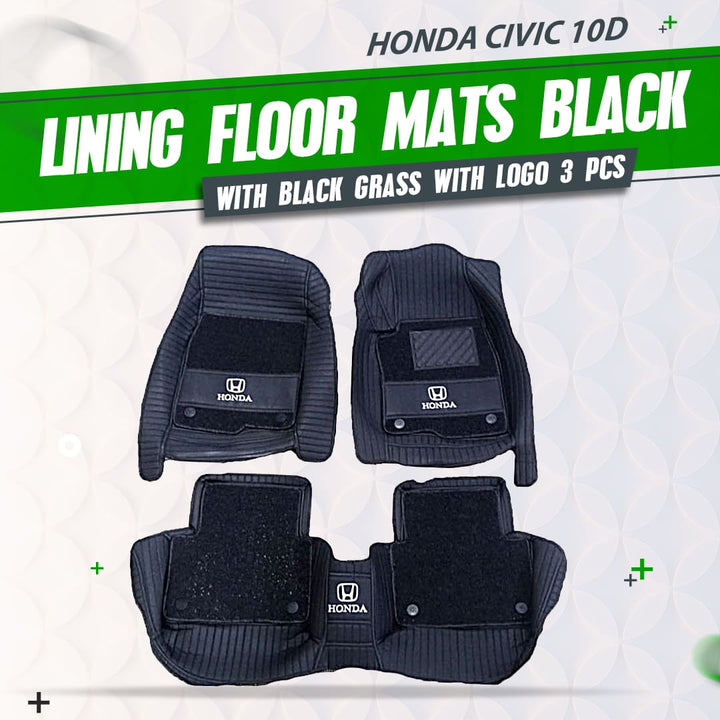 Honda Civic 10D Lining Floor Mats Black With Black Grass With Logo 3 Pcs - Model 2016-2023