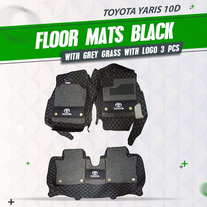 Toyota Yaris 10D Floor Mats Black With Grey Grass With Logo 3 Pcs - Model 2020-2021