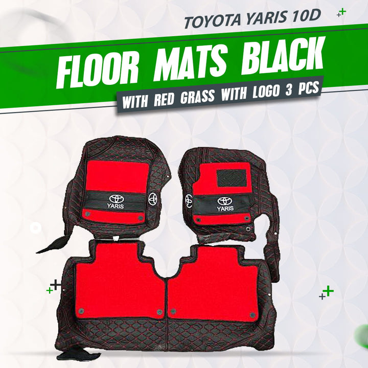 Toyota Yaris 10D Floor Mats Black With Red Grass With Logo 3 Pcs - Model 2020-2021