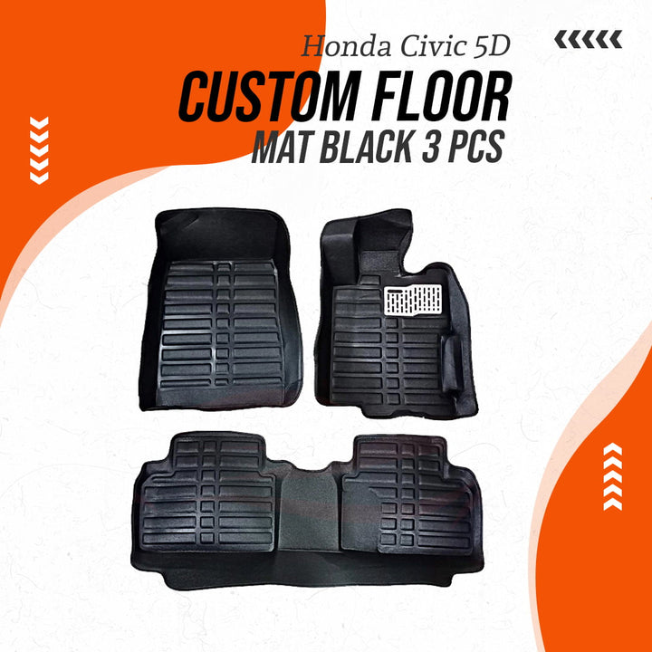 Honda Civic 5D Custom Floor Mat Black 3 Pcs - Model 2012-2016