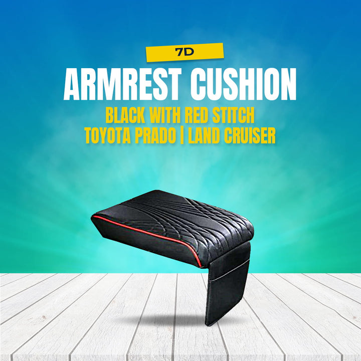 7D Armrest Cushion With Mobile Holder - Black With Red Stitch