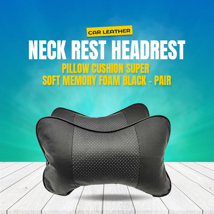 Car Leather Neck Rest Headrest Pillow Cushion Super Soft Memory Foam Black - Pair