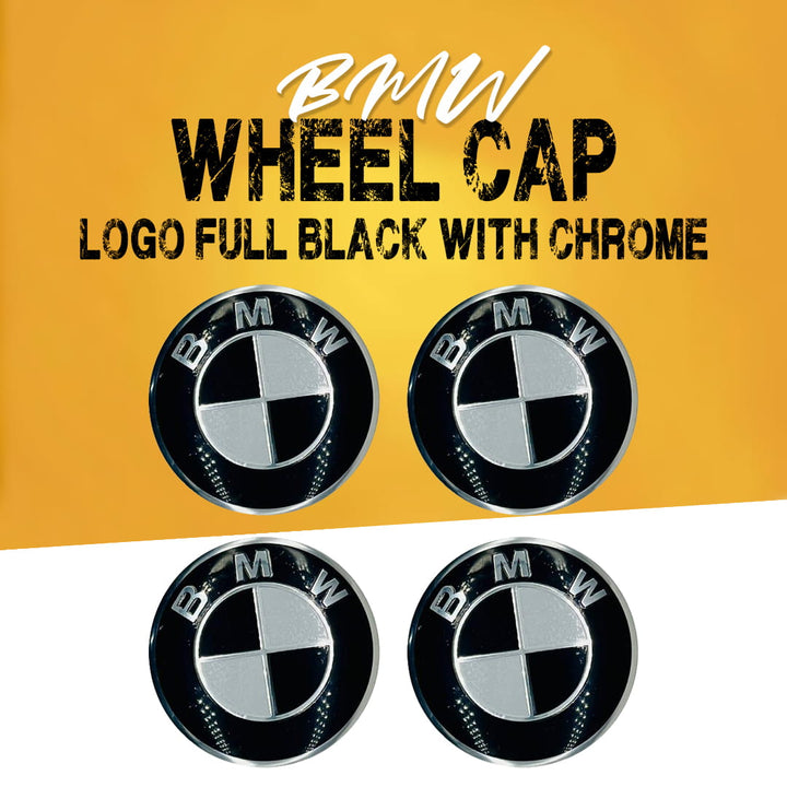 BMW Wheel Cap Logo Full Black With Chrome -4 Pieces- Center Hub Badge