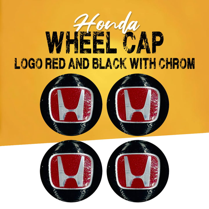 Honda Wheel Cap Logo Red And Black With Chrome Center Hub Badge Sticker - 4 Pcs