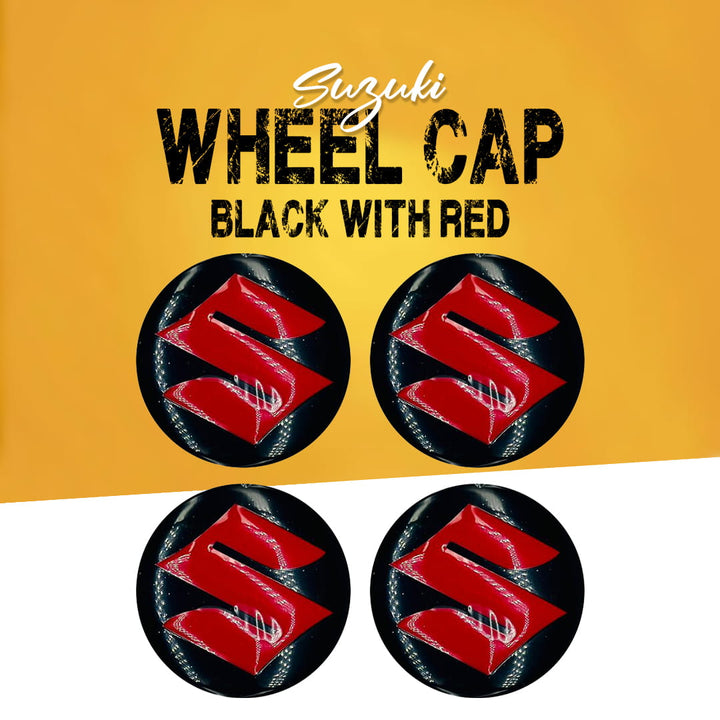 Suzuki Wheel Cap Logo Black With Red Center Hub Badge Sticker - 4 Pcs