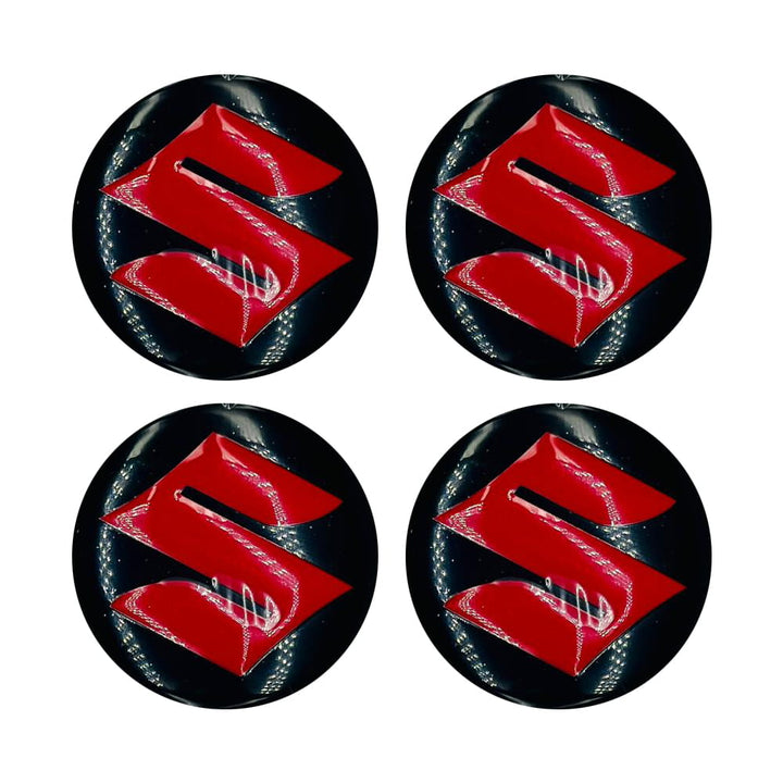 Suzuki Wheel Cap Logo Black With Red Center Hub Badge Sticker - 4 Pcs