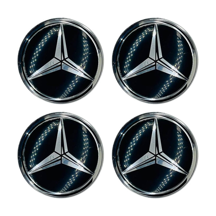 Mercedes Wheel Cap Logo Black With Chrome Color - 4 Pieces - Center Hub Badge