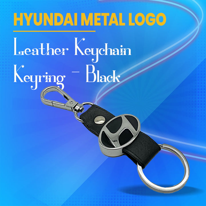 Hyundai Metal Logo Leather Keychain Keyring - Black