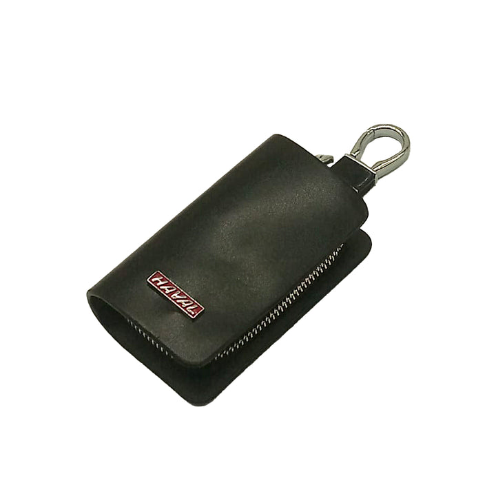 Haval Zipper Glossy Leather Key Cover Pouch Black with Keychain Ring