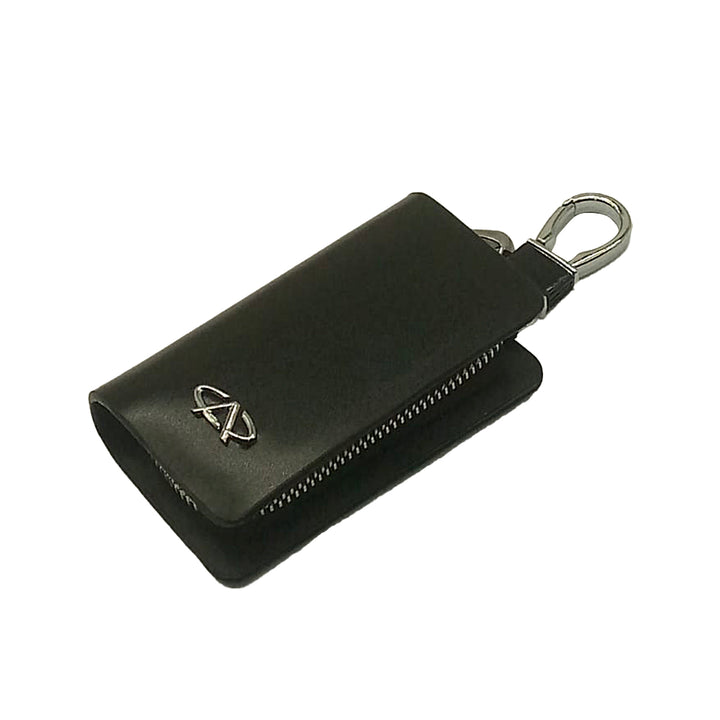 Cherry Zipper Glossy Leather Key Cover Pouch Black with Keychain Ring