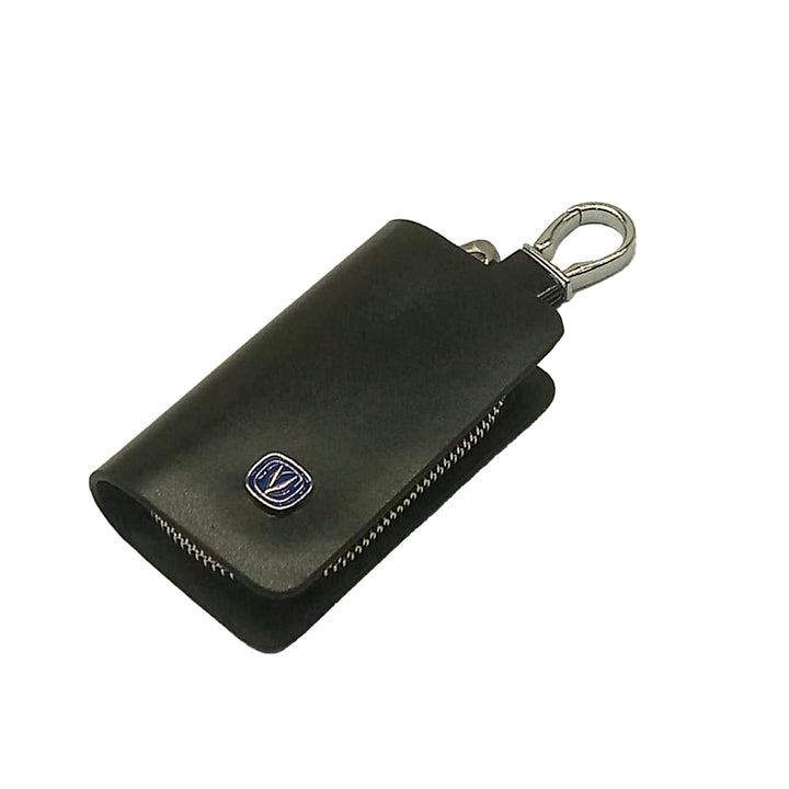 Changan Zipper Glossy Leather Key Cover Pouch Black with Keychain Ring