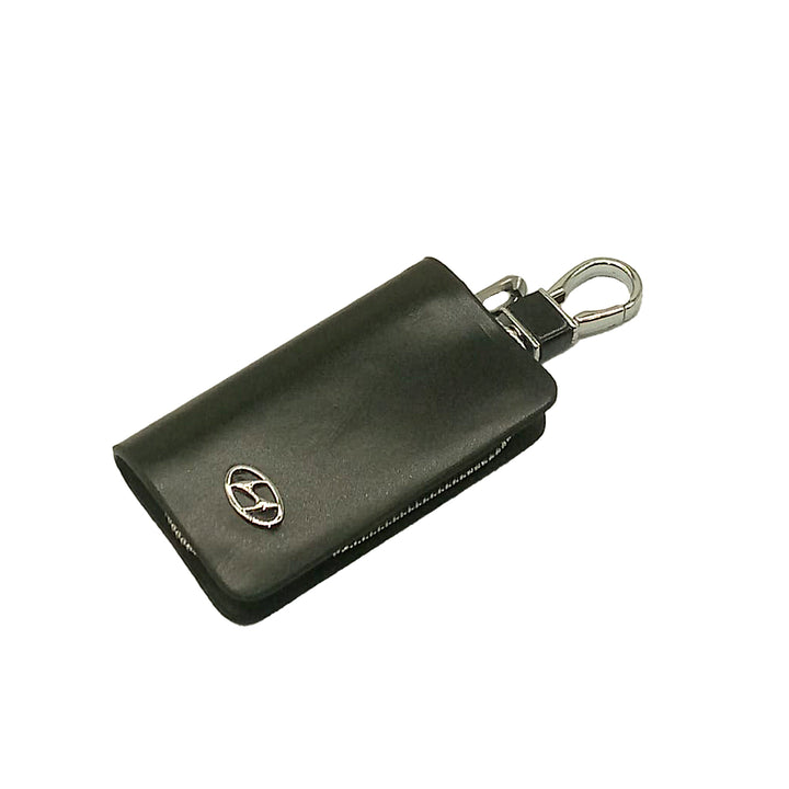 Hyundai Zipper Glossy Leather Key Cover Pouch Black with Keychain Ring