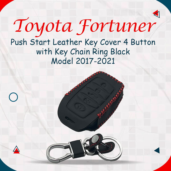 Toyota Fortuner Push Start Leather Key Cover 4 Button with Key Chain Ring Black- Model 2017-2021